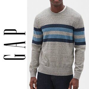 GAP Men’s Large Grey Blue Navy Chest Stripe Crew Neck Pullover Sweater